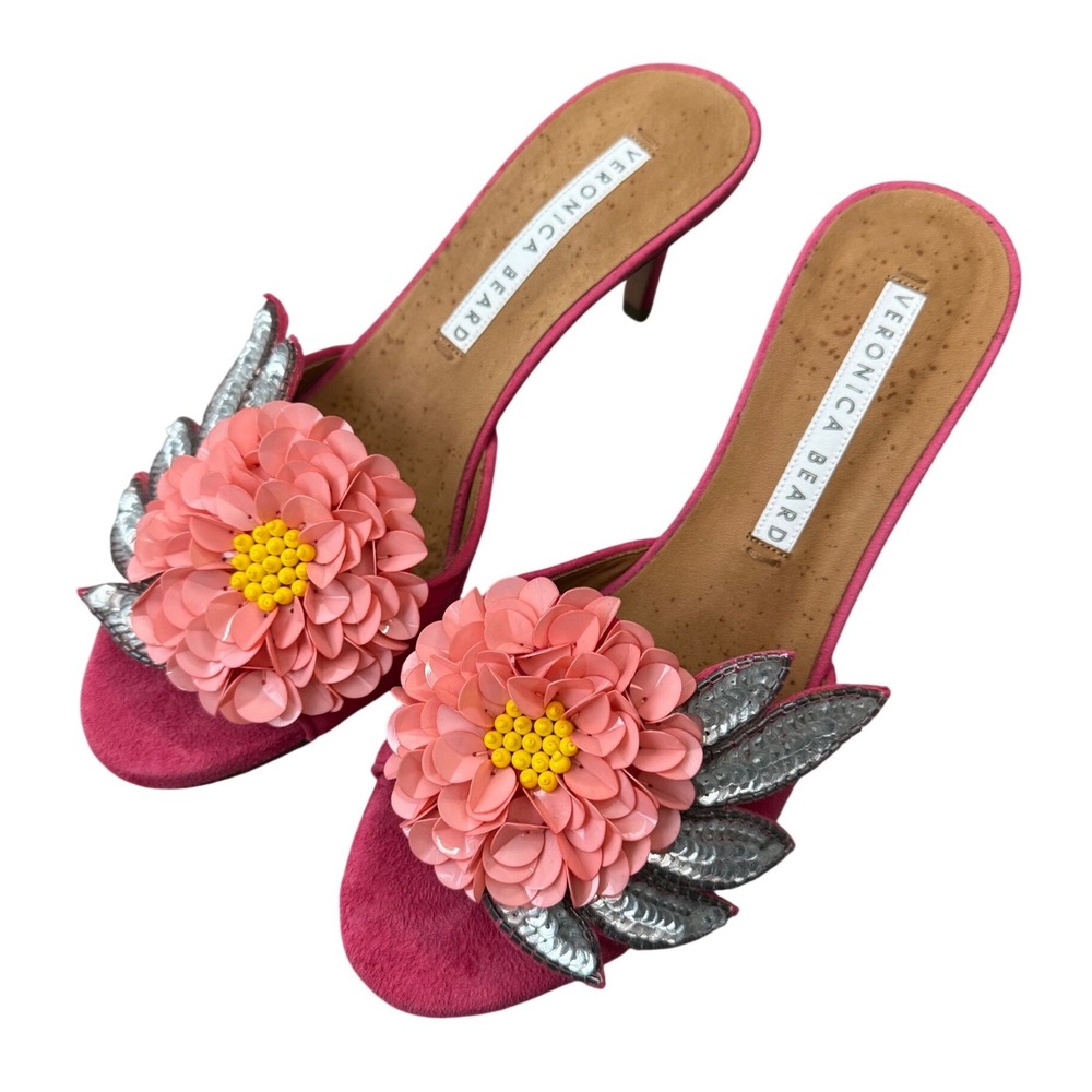 Veronica Beard Pink Floral Sequin Heels Italy 37.5 US 7.5 VB Summer Sandals - Picture 9 of 9